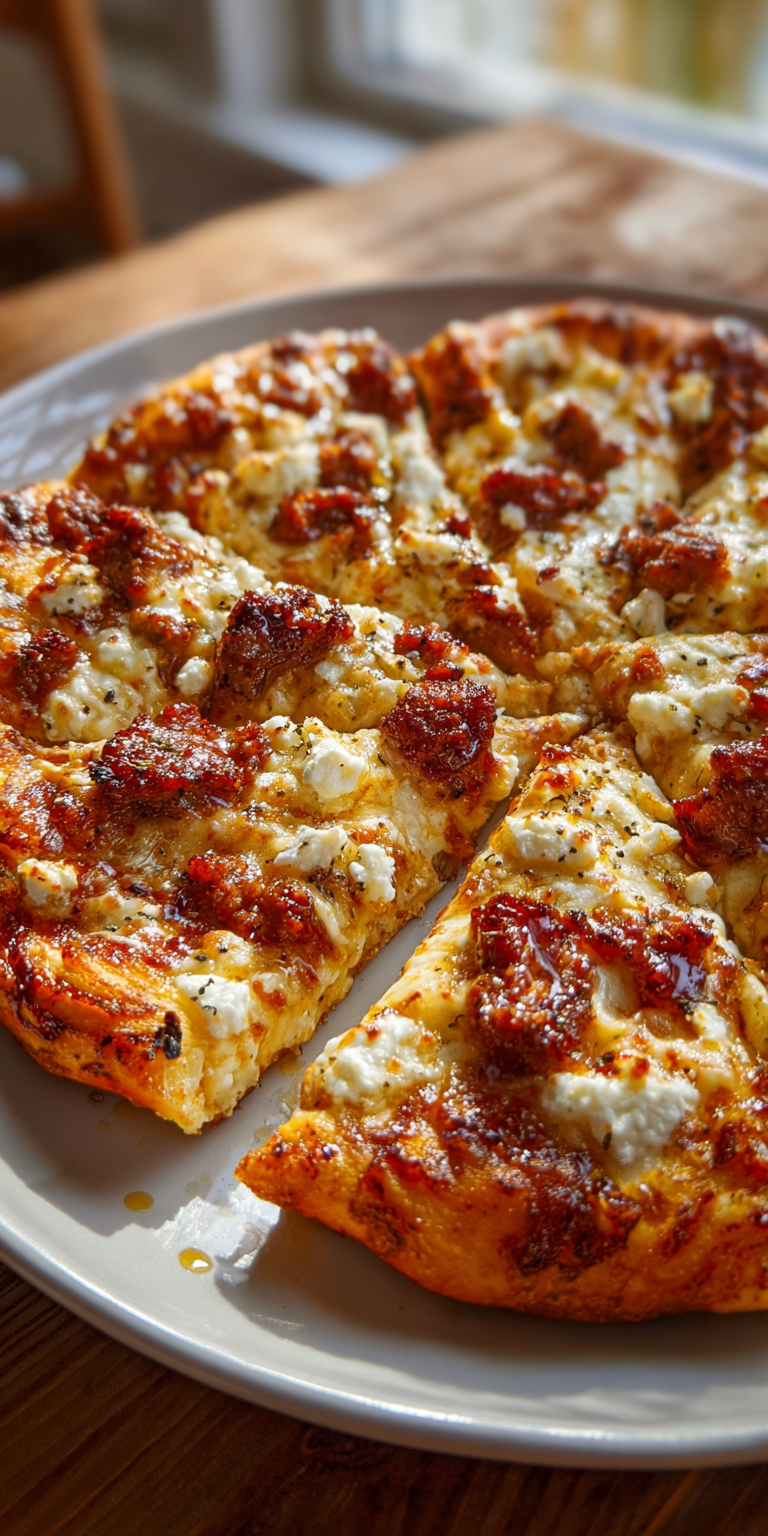 Hot Sausage Feta Honey Pizza served warm with cozy spices