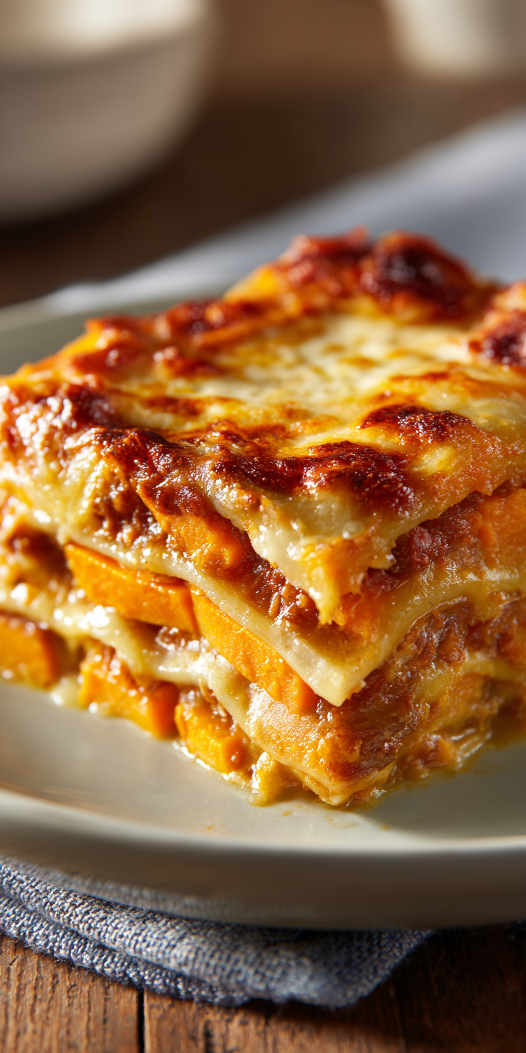 Layered Sweet Potato Butternut Squash Carrot Lasagna served warm with cozy spices