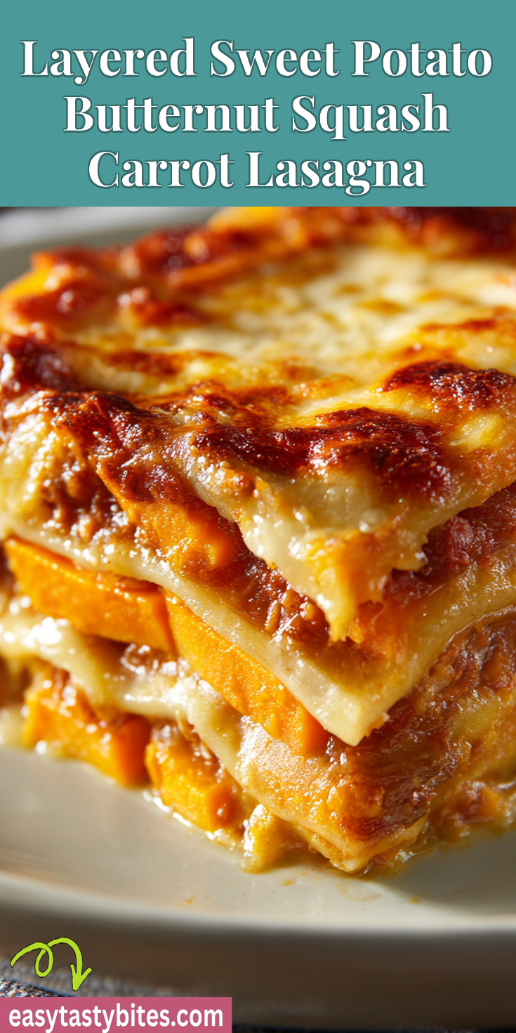 Layered Sweet Potato Butternut Squash Carrot Lasagna served warm with cozy spices
