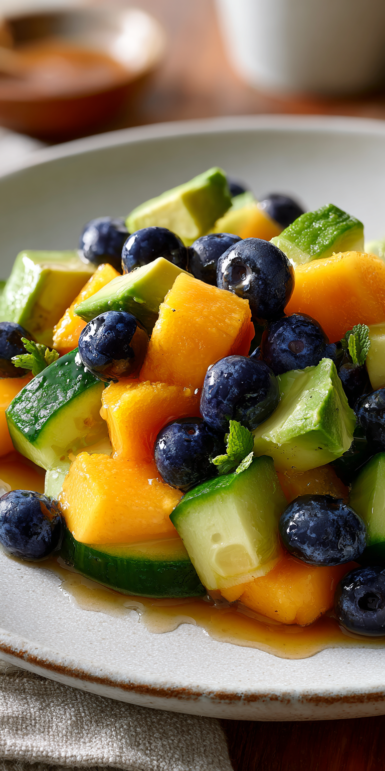Mango Cucumber Salad with Blueberries and Avocado served warm with cozy spices