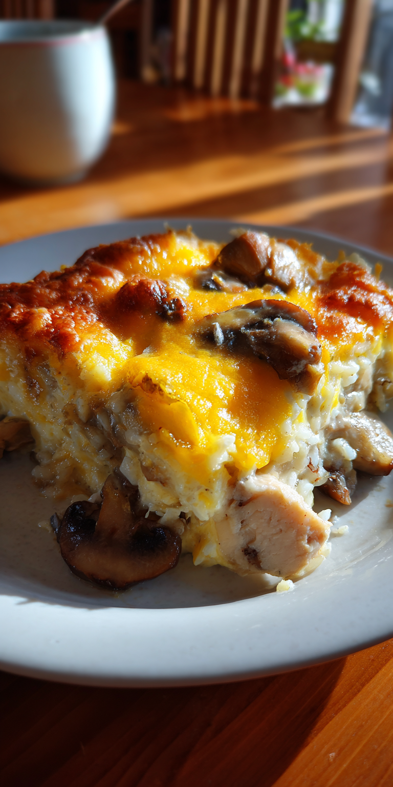 Mushroom Gruyere Chicken and Rice Casserole served warm with cozy spices