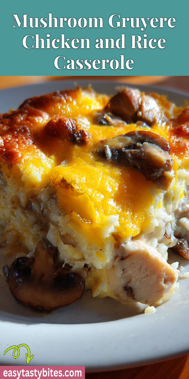 Mushroom Gruyere Chicken and Rice Casserole served warm with cozy spices