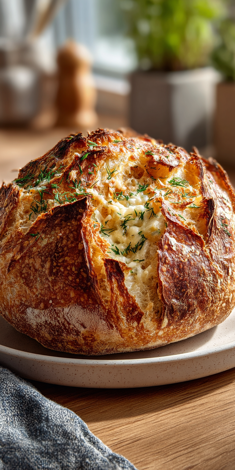 No-Knead Dill Gouda Artisan Bread served warm with cozy spices