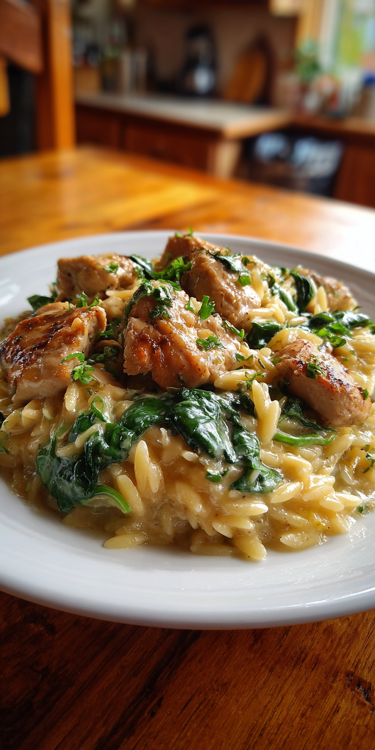One-Pot Chicken and Spinach Orzo served warm with cozy spices