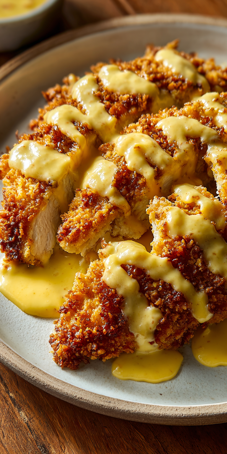 Pretzel-Crusted Chicken with Creamy Mustard Cheddar Sauce served warm with cozy spices