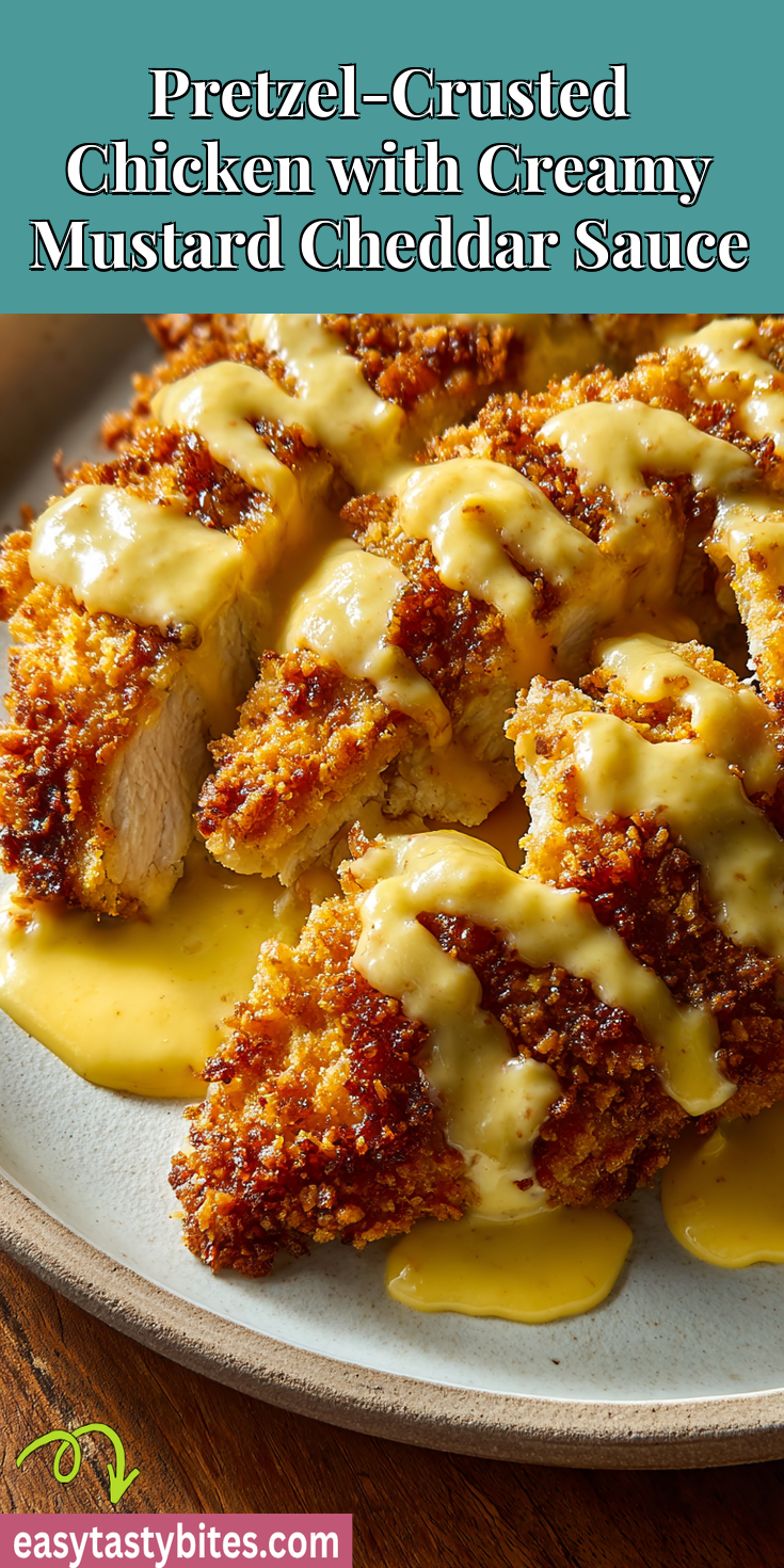 Pretzel-Crusted Chicken with Creamy Mustard Cheddar Sauce served warm with cozy spices