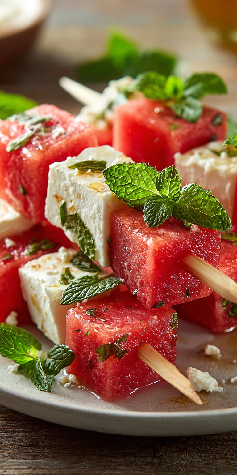 Watermelon Feta Mint Skewers served warm with cozy spices